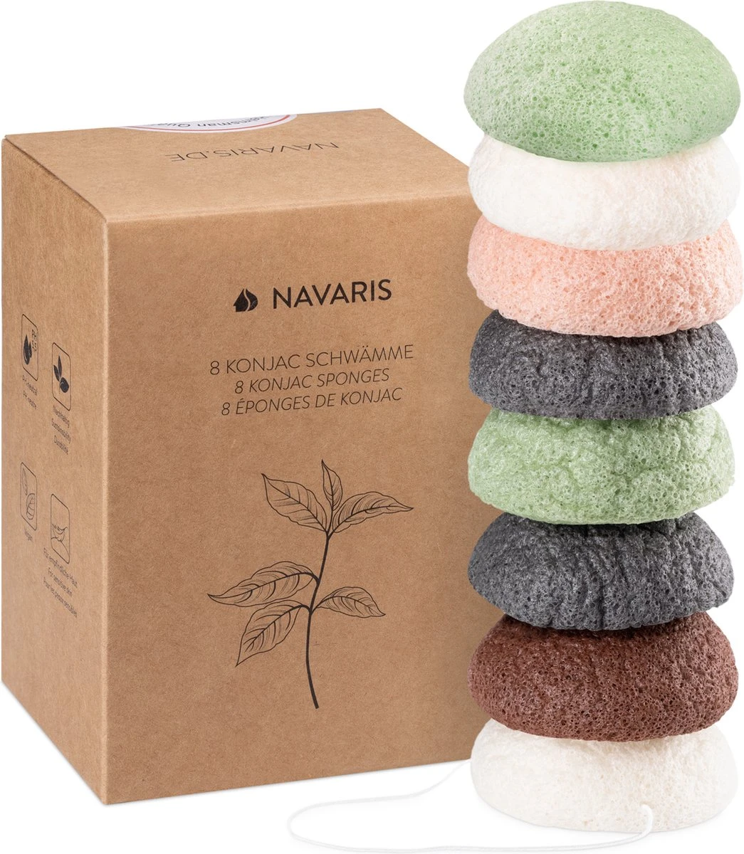 Navaris Set Van 8 Konjac Sponzen - Natuurlijke Sponzen Voor Gezichtsreiniging - Reinigt De Rijpe, Onzuivere, Droge, Gevoelige En Normale Huid - Vegan