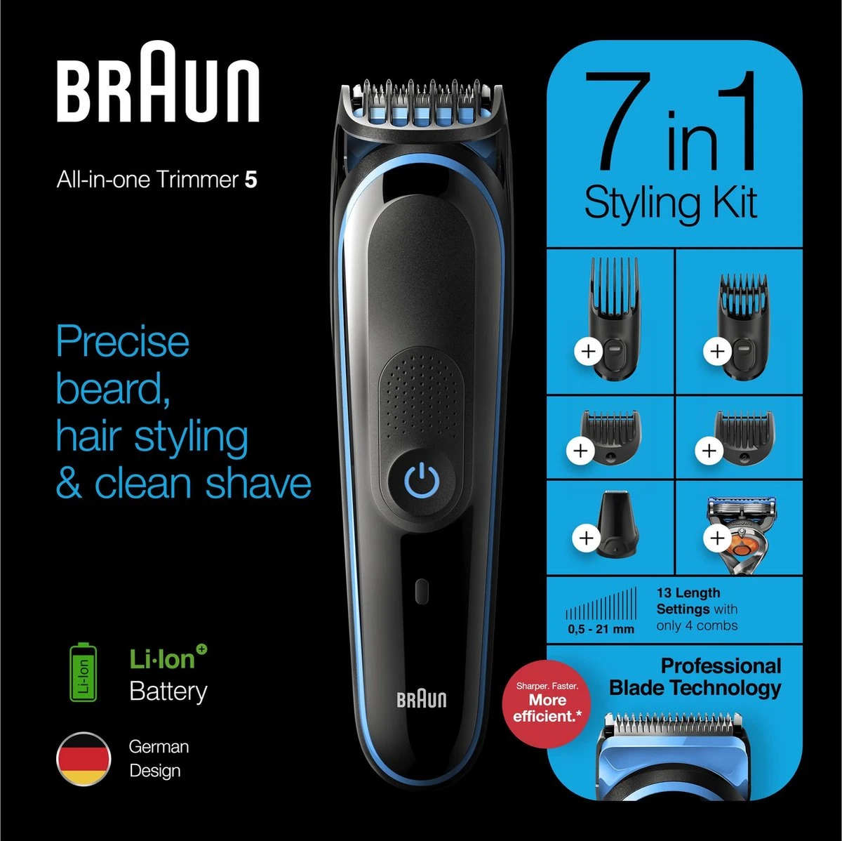 Braun MGK5245 7-in-1 Trimmer Baardtrimmer Voor Mannen - Gezichts- En Haartrimmer - Zwart/Blauw - Afbeelding 15