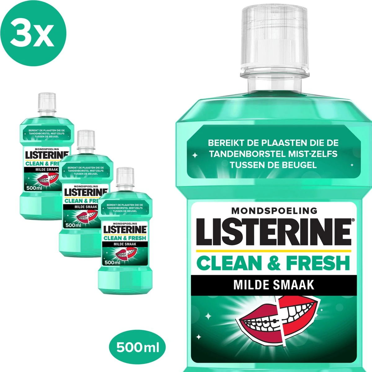 LISTERINE Clean & Fresh, Mondwater Met Essentiële Oliën En Fluoride, Zonder Alcohol, Bereikt De Plaatsen Die De Tandenborstel Mist – Zelfs Tussen De Beugel, 3 X 500 Ml