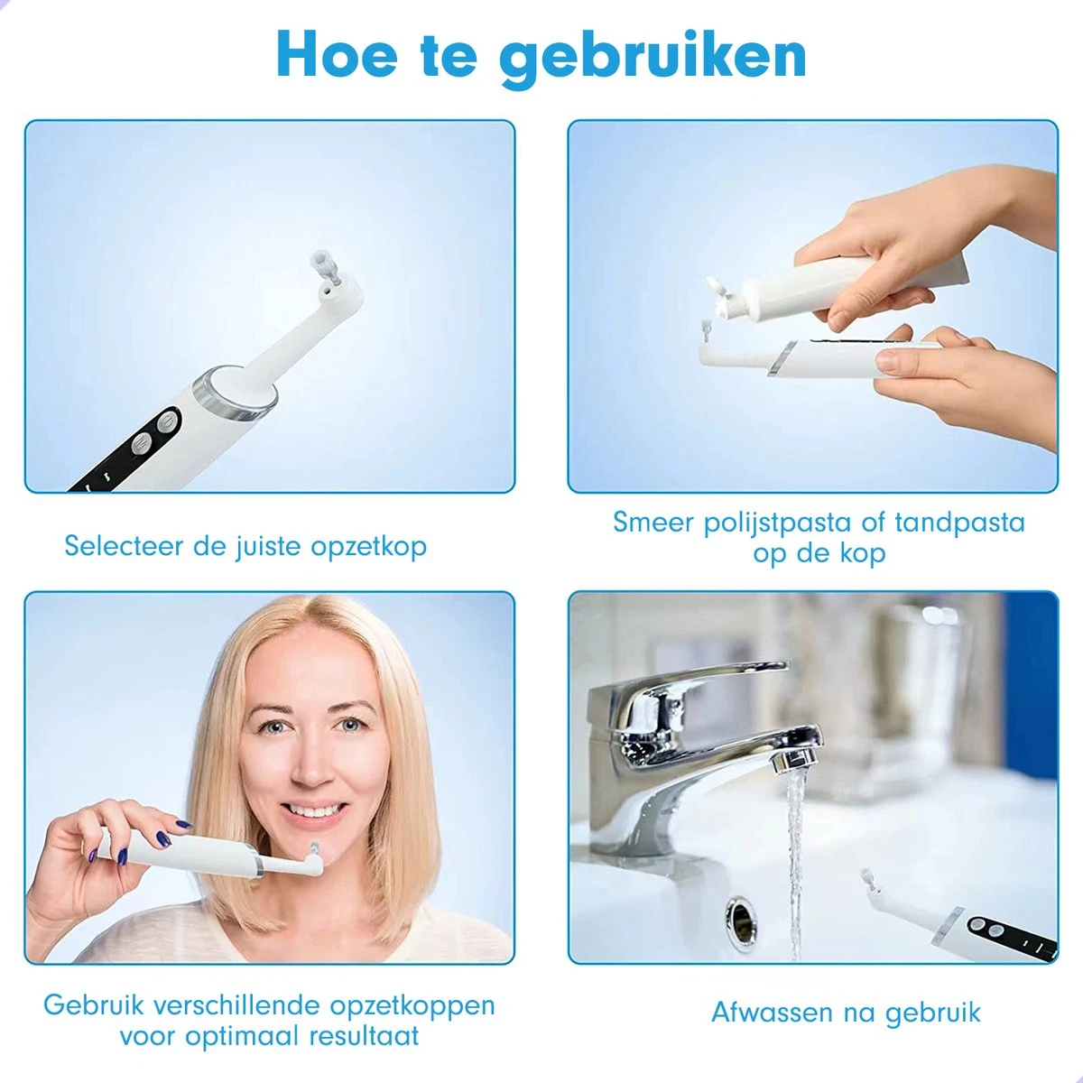 DEN-T® PRO P350 Elektrische Tandenpolijster - Wit - 5 Standen - 5 Opzetstukken - Polijstmachine - Polijstset - Tanden Polijsten - - Afbeelding 3