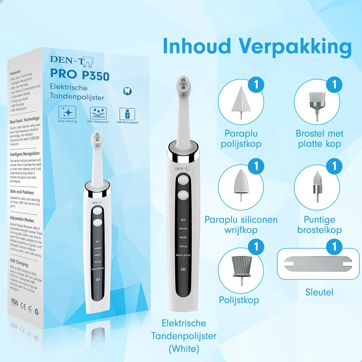DEN-T® PRO P350 Elektrische Tandenpolijster - Wit - 5 Standen - 5 Opzetstukken - Polijstmachine - Polijstset - Tanden Polijsten - - Afbeelding 7