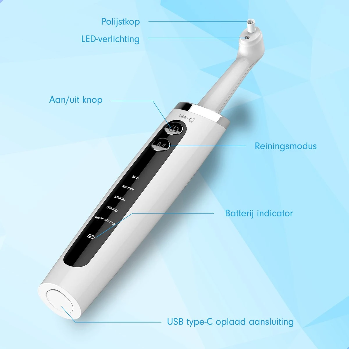 DEN-T® PRO P350 Elektrische Tandenpolijster - Wit - 5 Standen - 5 Opzetstukken - Polijstmachine - Polijstset - Tanden Polijsten - - Afbeelding 8