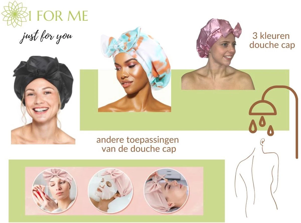 1FORME Douchemuts Dames Zero Waste – Droog Haar Thuis / Vakantie – Douchekap Satijn / PE Zwart - Afbeelding 5