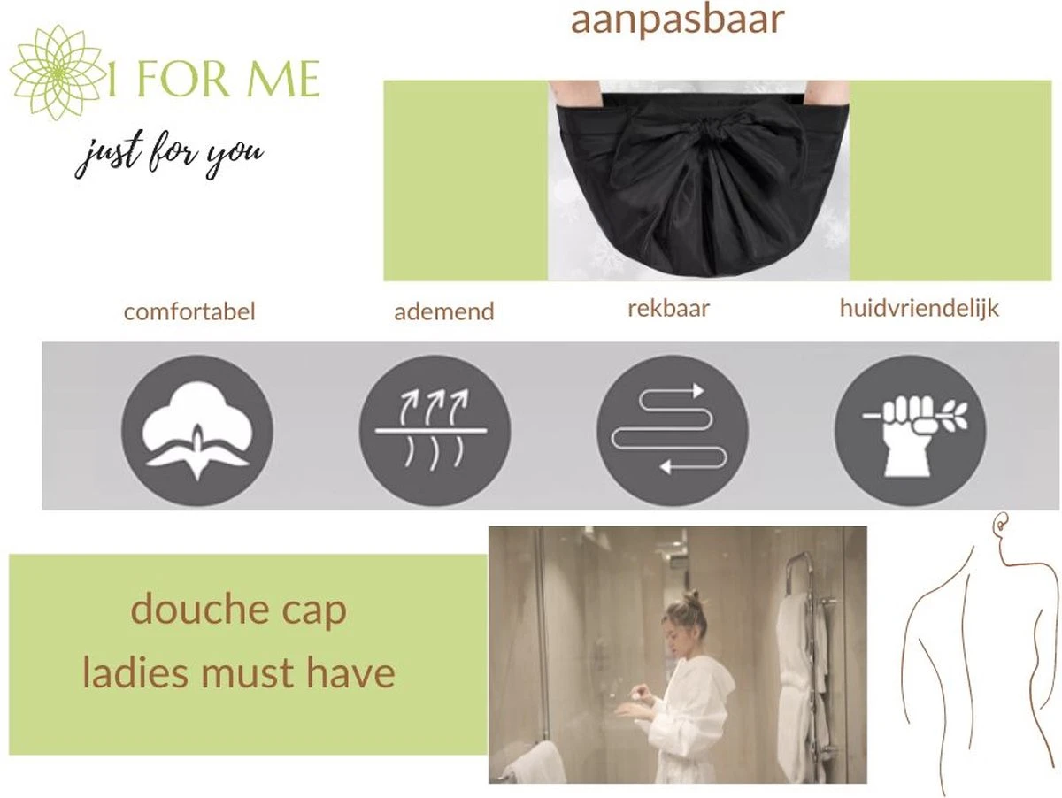 1FORME Douchemuts Dames Zero Waste – Droog Haar Thuis / Vakantie – Douchekap Satijn / PE Zwart - Afbeelding 3