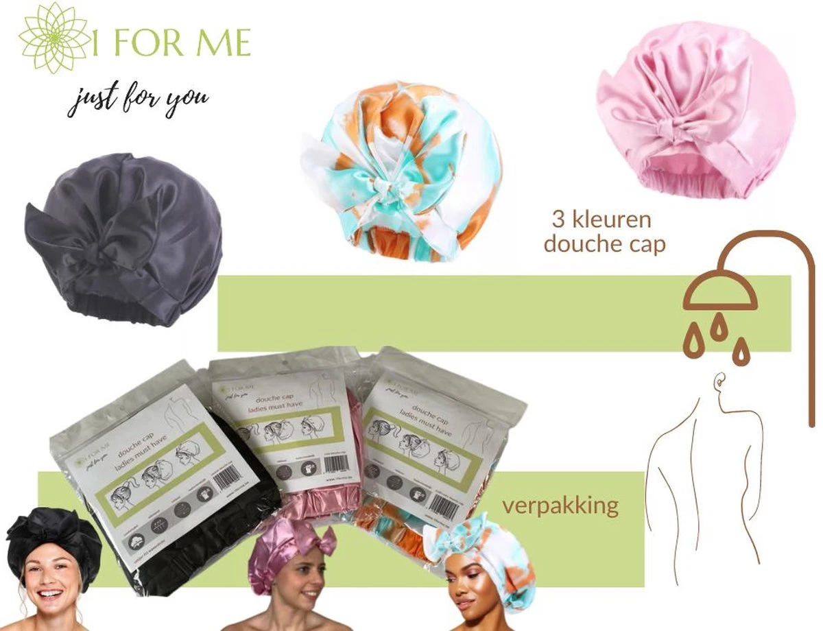 1FORME Douchemuts Dames Zero Waste – Droog Haar Thuis / Vakantie – Douchekap Satijn / PE Zwart - Afbeelding 6