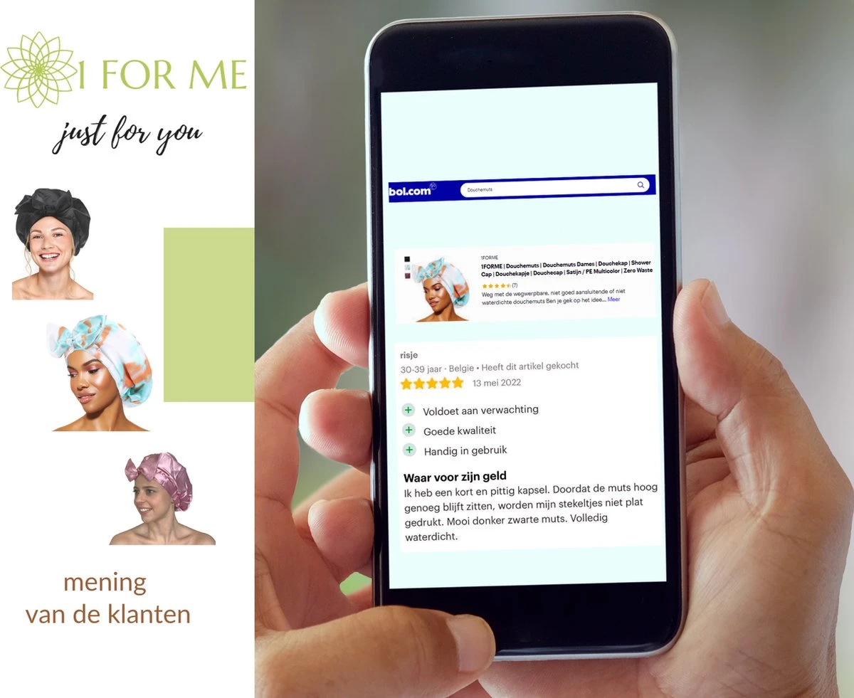 1FORME Douchemuts Dames Zero Waste – Droog Haar Thuis / Vakantie – Douchekap Satijn / PE Zwart - Afbeelding 8