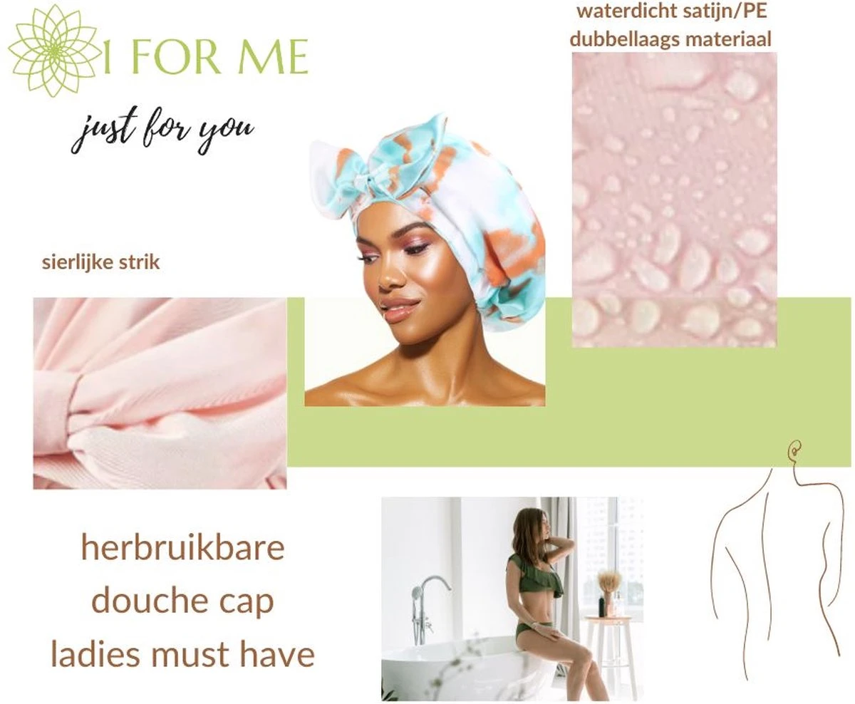 1FORME Douchemuts Dames Zero Waste – Droog Haar Thuis / Vakantie – Douchekap Satijn / PE Zwart - Afbeelding 2