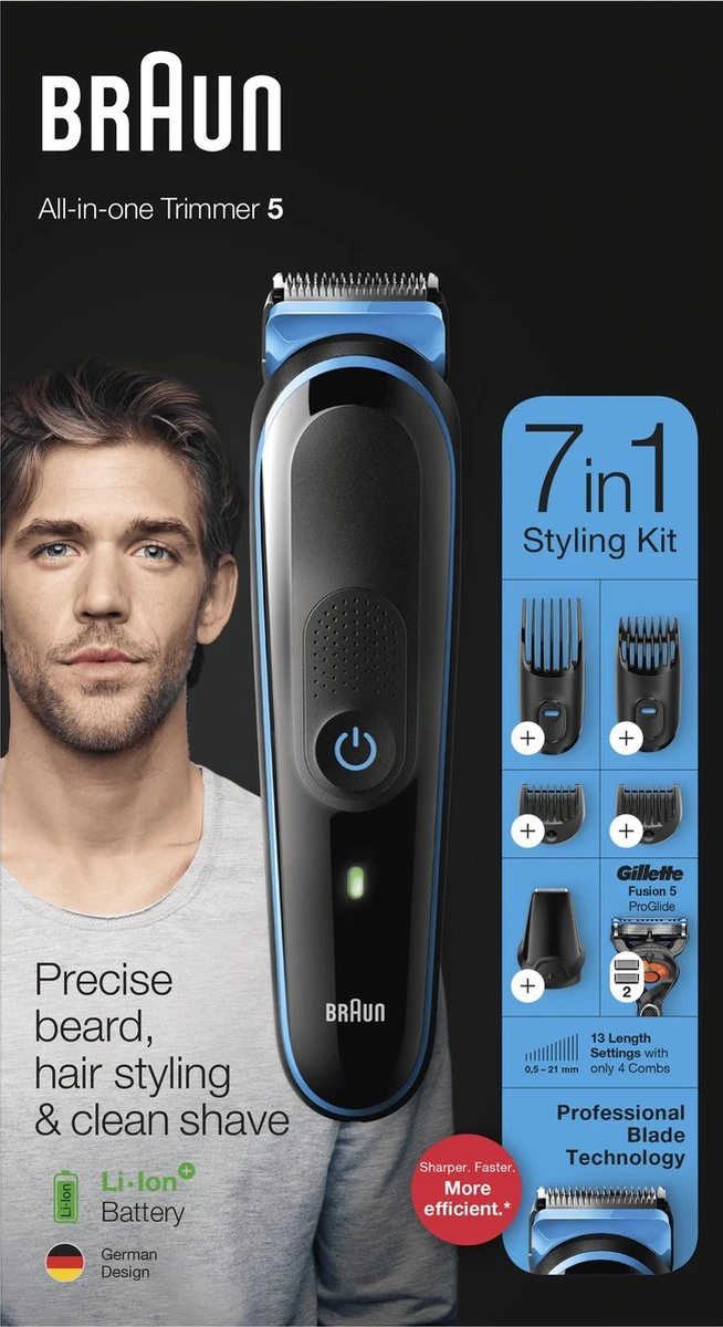 Braun MGK5245 7-in-1 Trimmer Baardtrimmer Voor Mannen - Gezichts- En Haartrimmer - Zwart/Blauw - Afbeelding 12