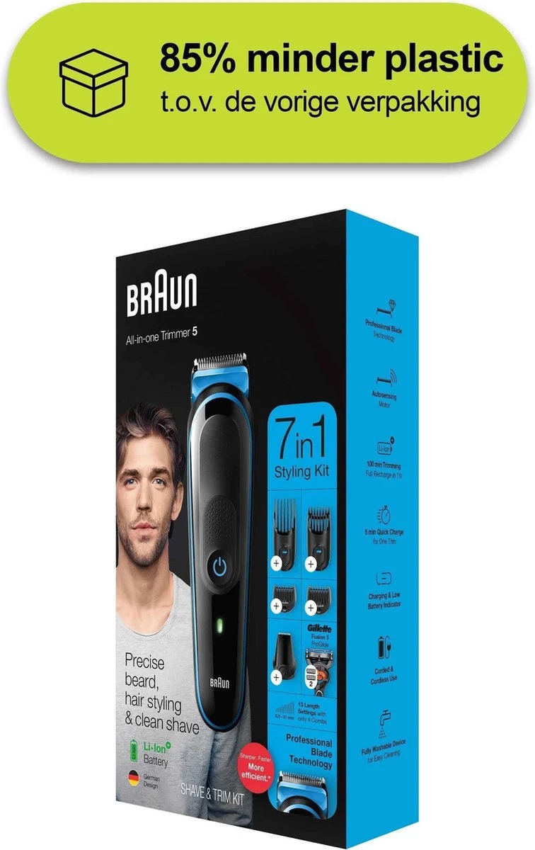 Braun MGK5245 7-in-1 Trimmer Baardtrimmer Voor Mannen - Gezichts- En Haartrimmer - Zwart/Blauw - Afbeelding 11